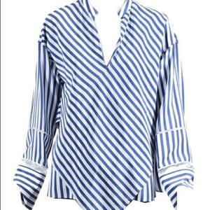 Derek Lam Blue & White Silk Sheer Inset Long Sleeve Striped Popover Blouse Sz 2